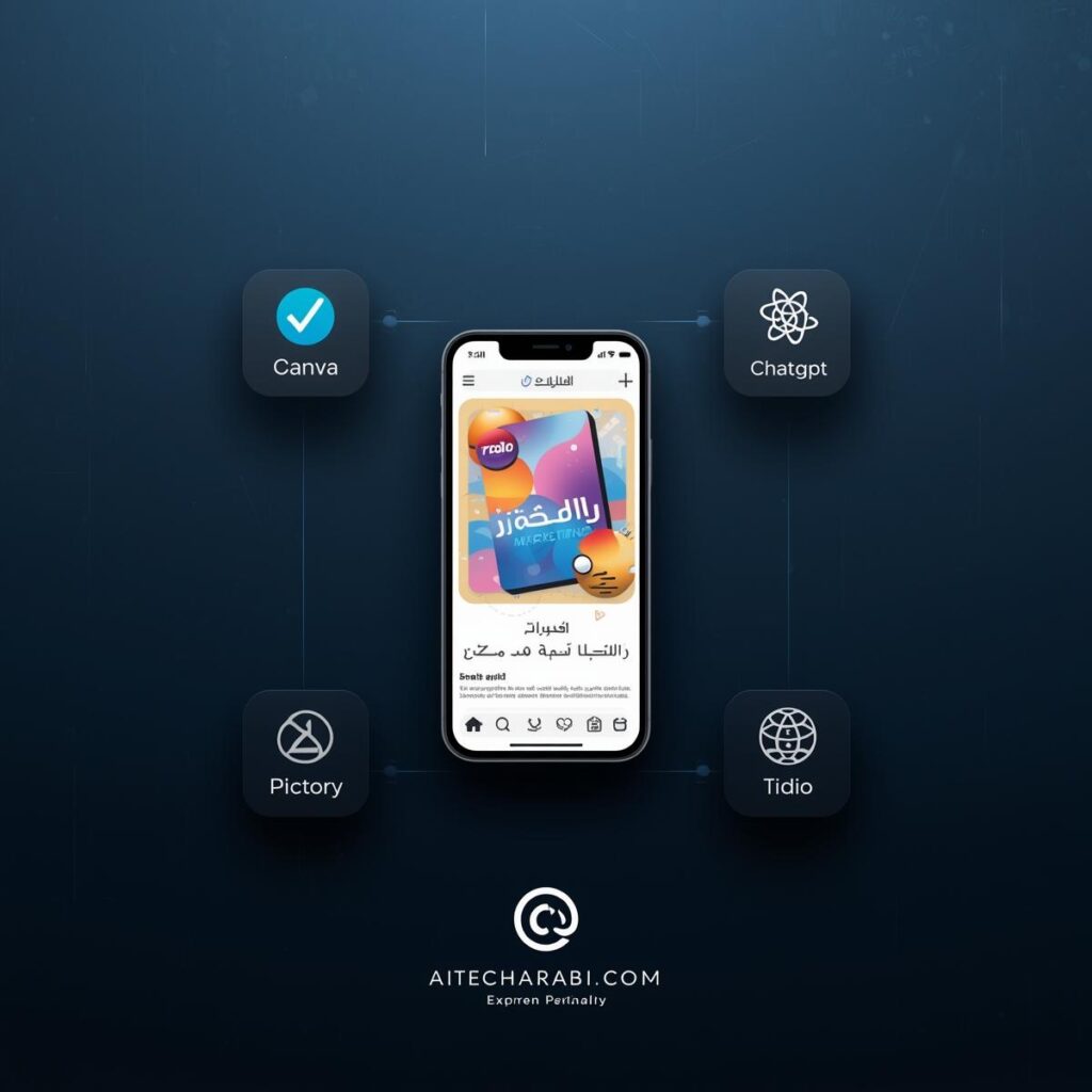 إنفوجرافيك يوضح دور الذكاء الاصطناعي في التسويق الرقمي عبر أدوات مجانية